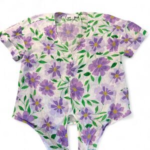 Charter Club Linen Luxury Small S Purple Floral Tie-Front V-Neck Top